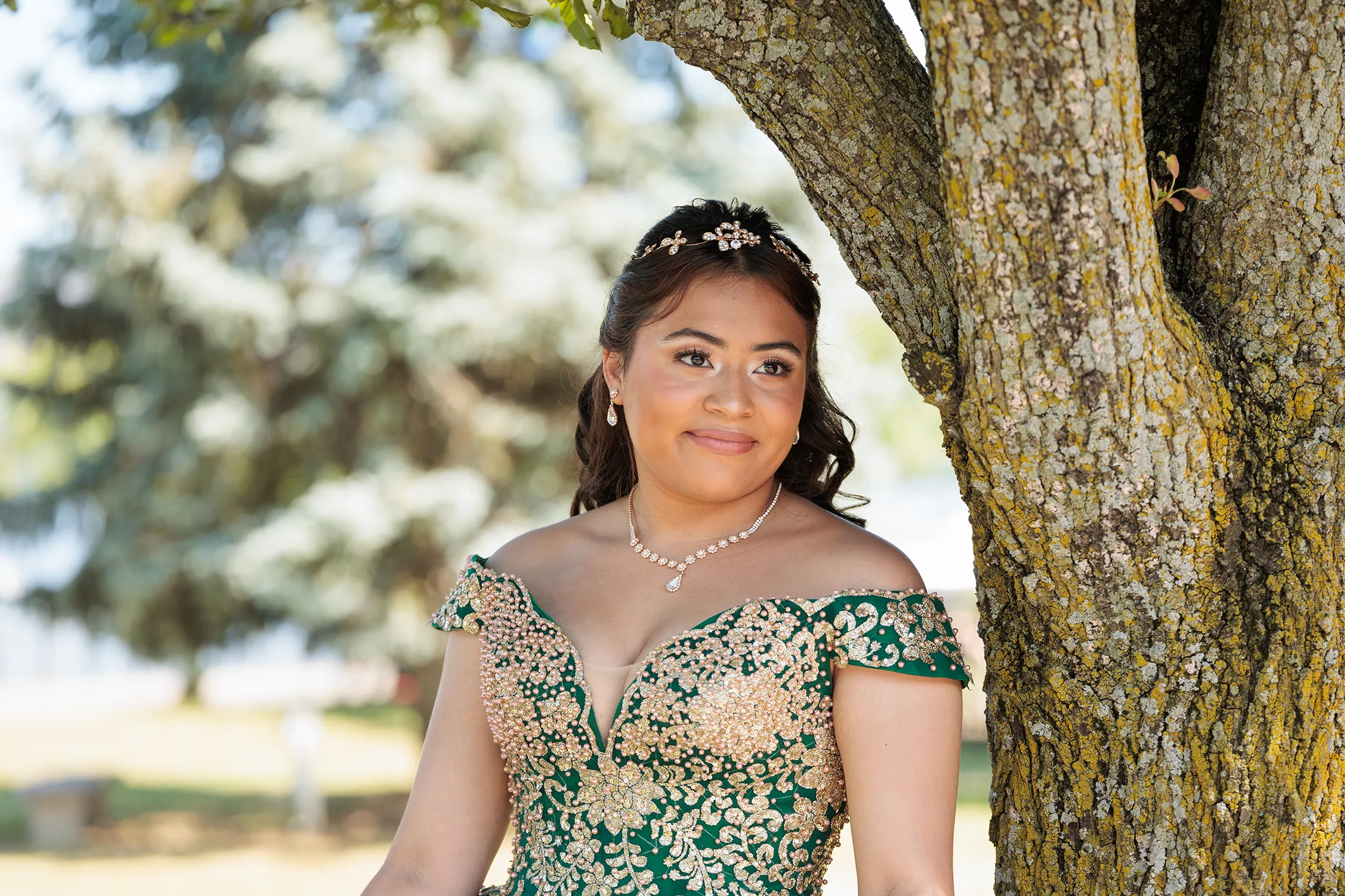 Quinceañera portrait in an emerald green and gold gown, smiling beside a tree along the Hudson River in Newburgh, NY — quinceañera photography New York, fotos de quinceañera en Newburgh NY.